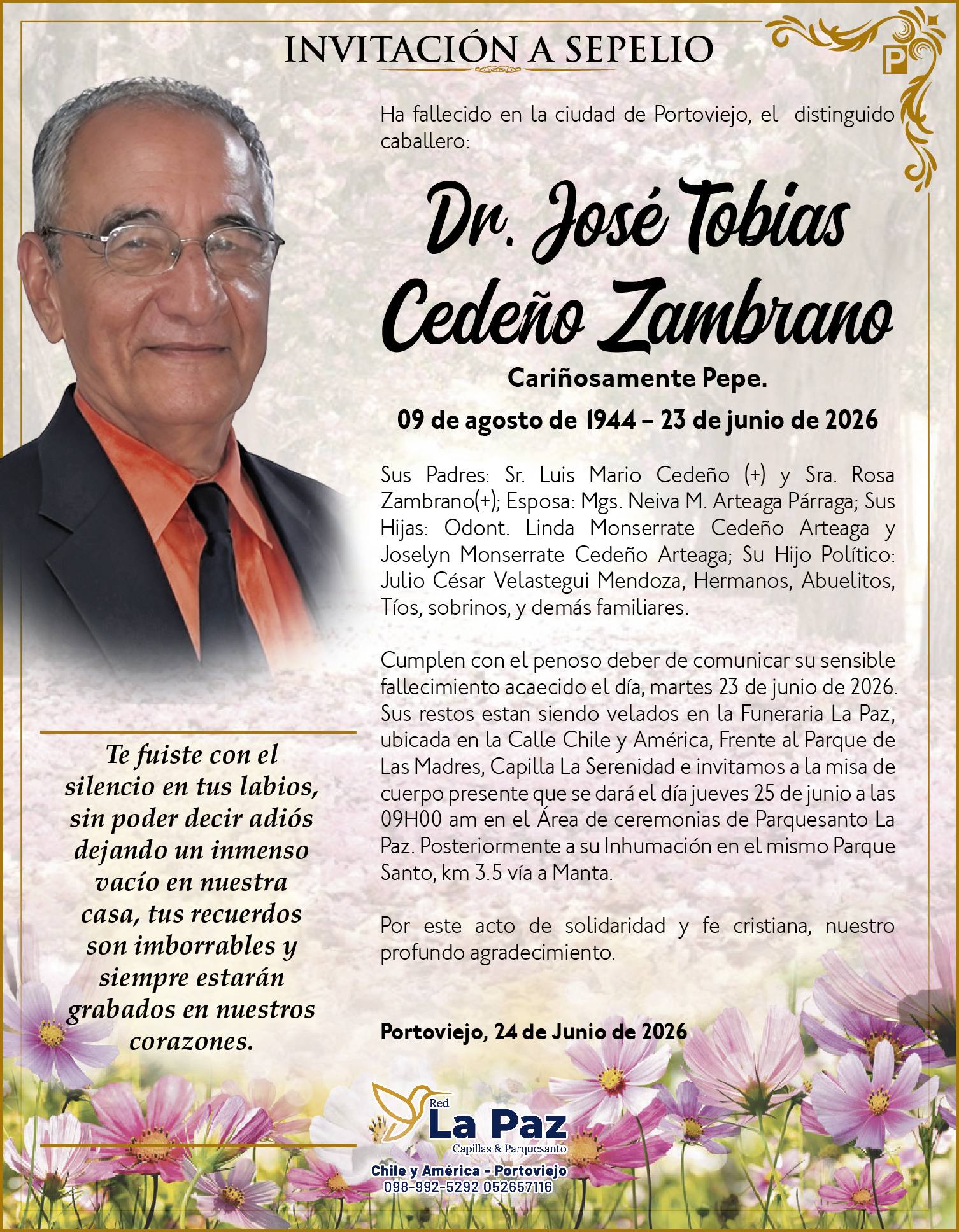 SEPELIO DR JOSE TOBIAS CEDEÑO ZAMBRANO, Medios Ediasa