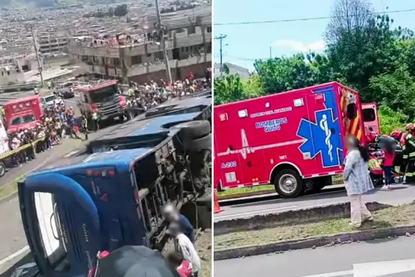 El bus siniestrado (izq) quedó volcado en medio de la calle. 