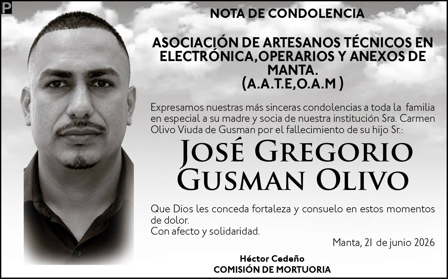CONDOLENCIA JOSE GREGORIO GUSMAN OLIVO ASOCIACION DE ARTESANOS, medios ediasa