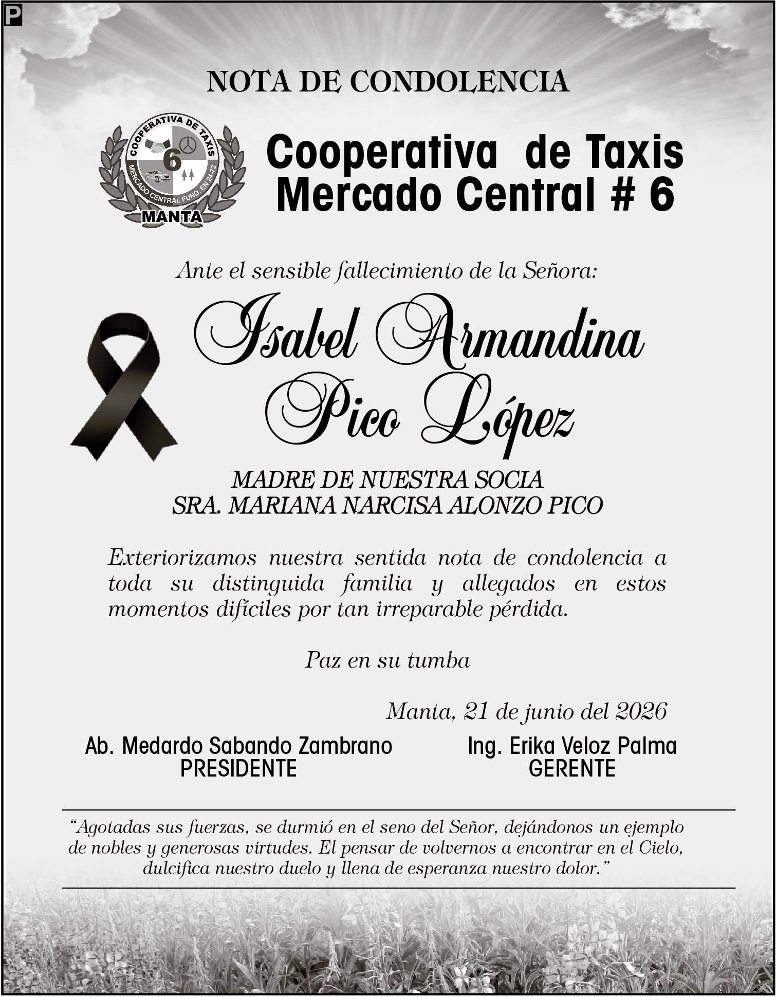 CONDOLENCIA ISABEL ARMANDINA PICO LOPEZ - COOP MERCADO CENTRAL 6, medios ediasa