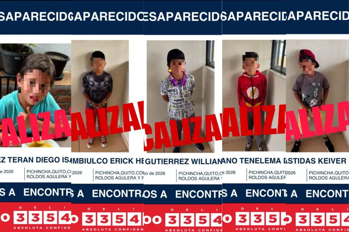 Diego Isaak González, Erick Hernán Gaglay, Wiliam Mikele Basurto, Keiver Daniel Valero y Danti Broncano, los cinco menores de edad localizados por las autoridades este domingo 28 de junio tras activarse la alerta de búsqueda en Conocoto.