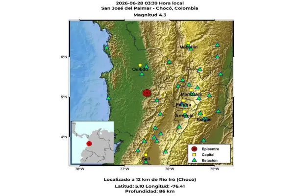 Gráfico técnico del temblor de mayor magnitud (4.3) ocurrido este domingo en el departamento del Chocó.