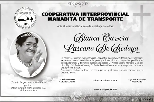 CONDOLENCIA BLANCA CARRERA LASCANO DE BEDOYA ,medios ediasa