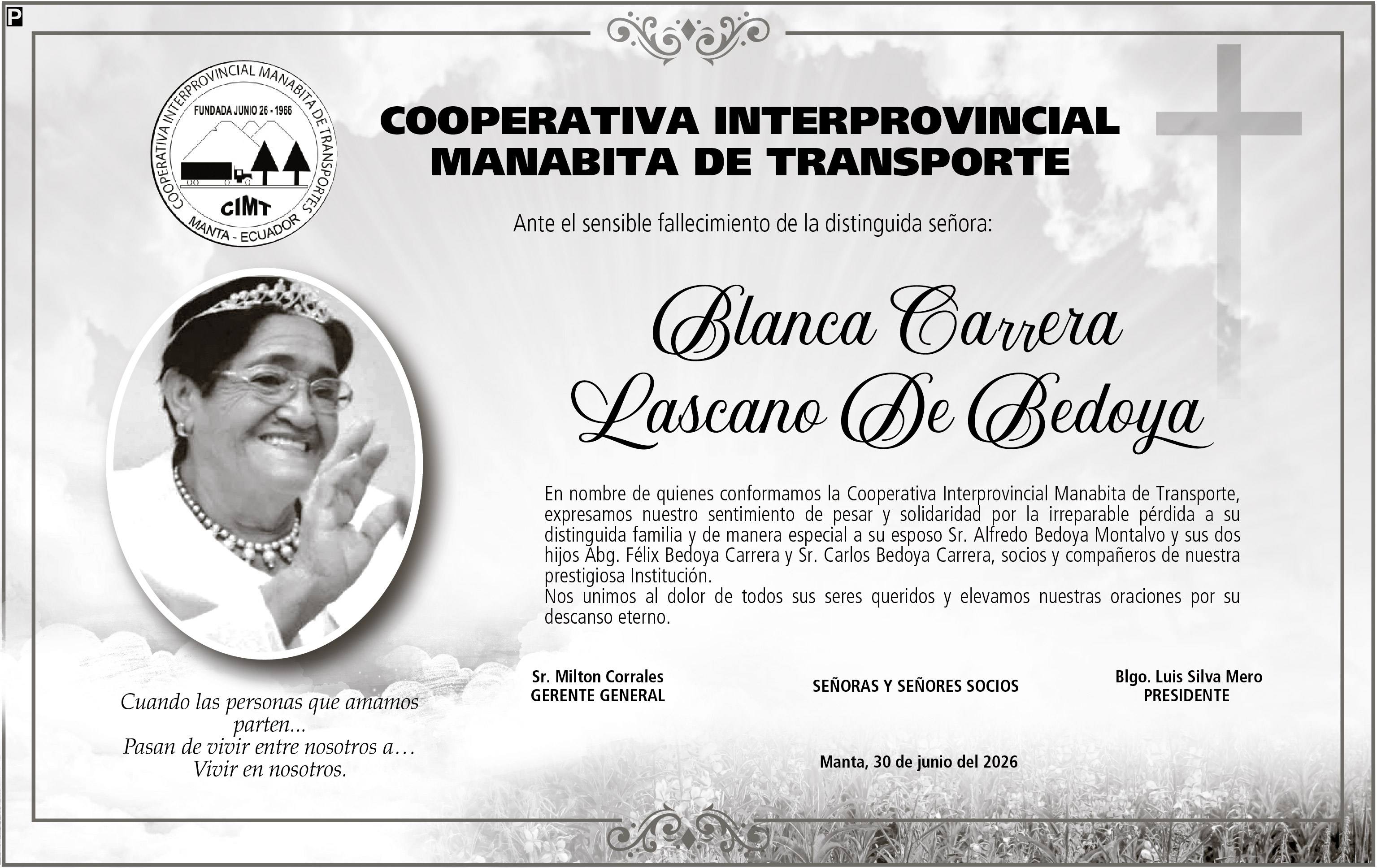 CONDOLENCIA BLANCA CARRERA LASCANO DE BEDOYA, medios ediasa