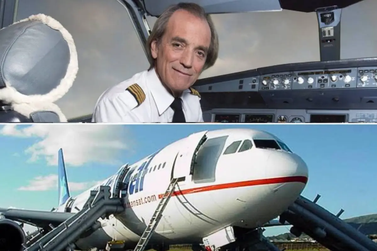 El capitán canadiense Robert Piché y el avión que pudo aterrizar sin empuje en ambos motores tras sufrir una fuga de combustible., Foto: Agencias