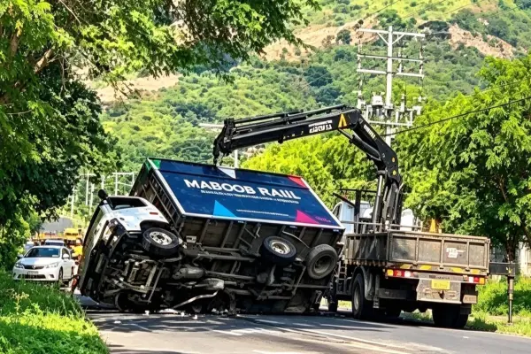 El camión quedó volacdo en plena vía y fue levantado por una grua. ,Cortesía