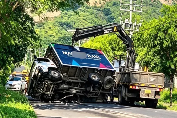El camión quedó volacdo en plena vía y fue levantado por una grua. ,Cortesía