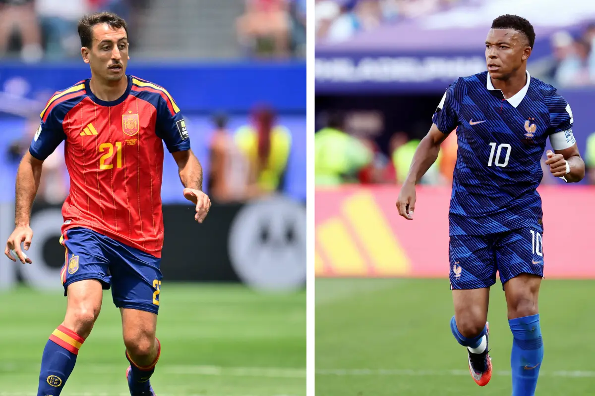 Esta combinación de fotos de archivo, creada el 12 de julio de 2026, muestra al delantero español número 21, Mikel Oyarzabal, en Inglewood el 10 de julio de 2026 (izquierda); y al delantero francés número 10, Kylian Mbappé, en Filadelfia., FREDERIC J. BROWN / AFP