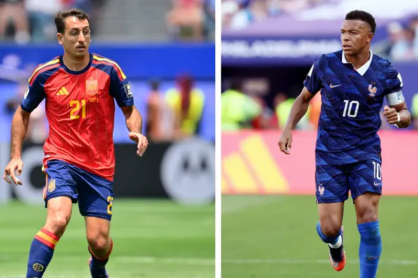 Esta combinación de fotos de archivo, creada el 12 de julio de 2026, muestra al delantero español número 21, Mikel Oyarzabal, en Inglewood el 10 de julio de 2026 (izquierda); y al delantero francés número 10, Kylian Mbappé, en Filadelfia. ,FREDERIC J. BROWN / AFP