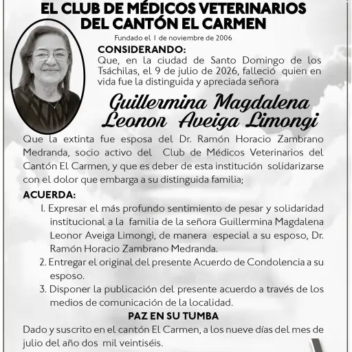 CONDOLENCIA GUILLERMINA LEONOR EVEIGA - CLUB DE MEDICOS VETERINARIOS