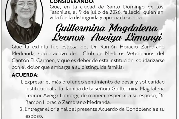 CONDOLENCIA GUILLERMINA LEONOR EVEIGA - CLUB DE MEDICOS VETERINARIOS ,Medios Ediasa