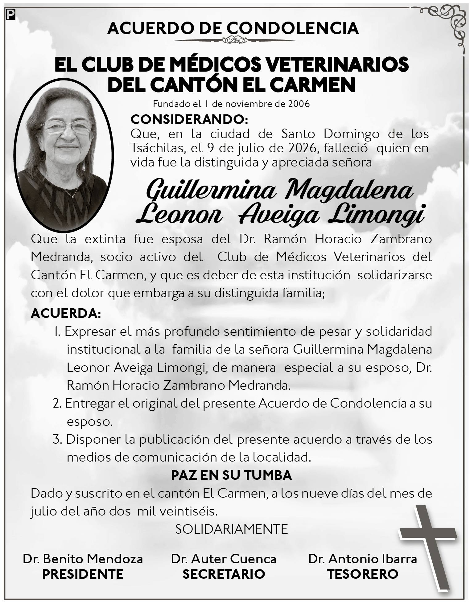 CONDOLENCIA GUILLERMINA LEONOR EVEIGA - CLUB DE MEDICOS VETERINARIOS, Medios Ediasa