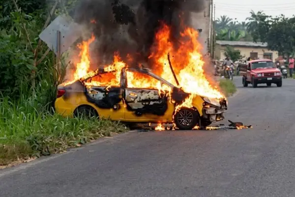 Un taxi de una cooperativa de Quevedo fue quemado por el populacho en El Carmen. ,ED