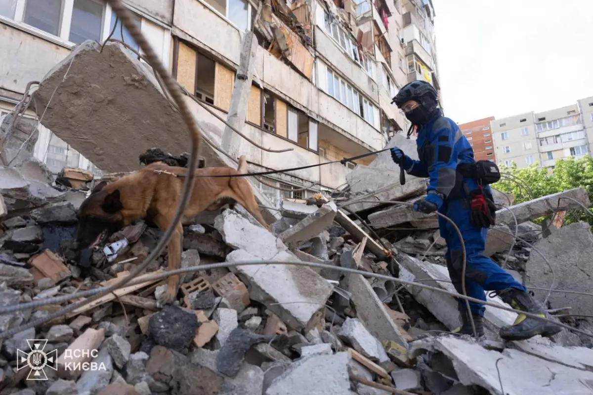 Esta fotografía, distribuida por el Servicio Estatal de Emergencias de Ucrania el 6 de julio de 2026, muestra a un rescatista y su perro trabajando en el exterior de un edificio residencial parcialmente destruido como resultado del ataque con misiles., HANDOUT / UKRAINIAN STATE EMERGENCY SERVICE / AFP