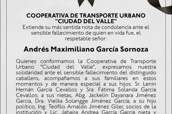 CONDOLENCIA ANDRÉS MAXIMILIANO GARCÍA SORNOZA  ,Medios Ediasa