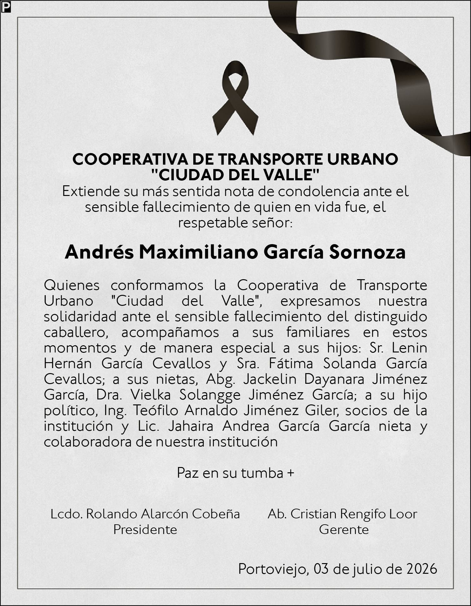 CONDOLENCIA ANDRÉS MAXIMILIANO GARCÍA SORNOZA , Medios Ediasa