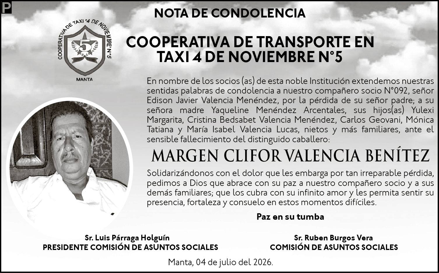 CONDOLENCIA MARGEN CLIFOR VALENCIA BENITEZ, medios ediasa