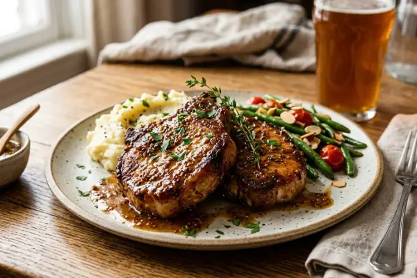 Las chuletas de cerdo con mostaza y piel son fáciles y rápidas de preparar.