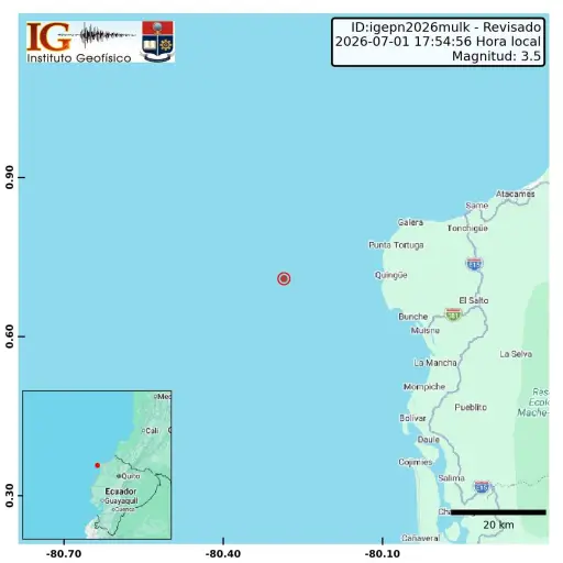 Sismo de magnitud 3,5 se registra frente a las costas de Esmeraldas