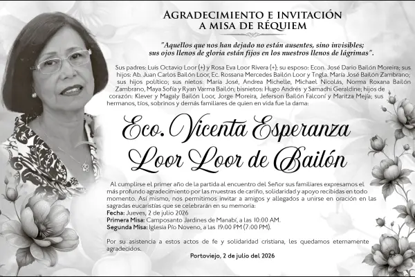 AGRADECIMIENTO ECO. VICENTA ESPERANZA LOOR LOOR DE BAILÓN ,Medios Ediasa