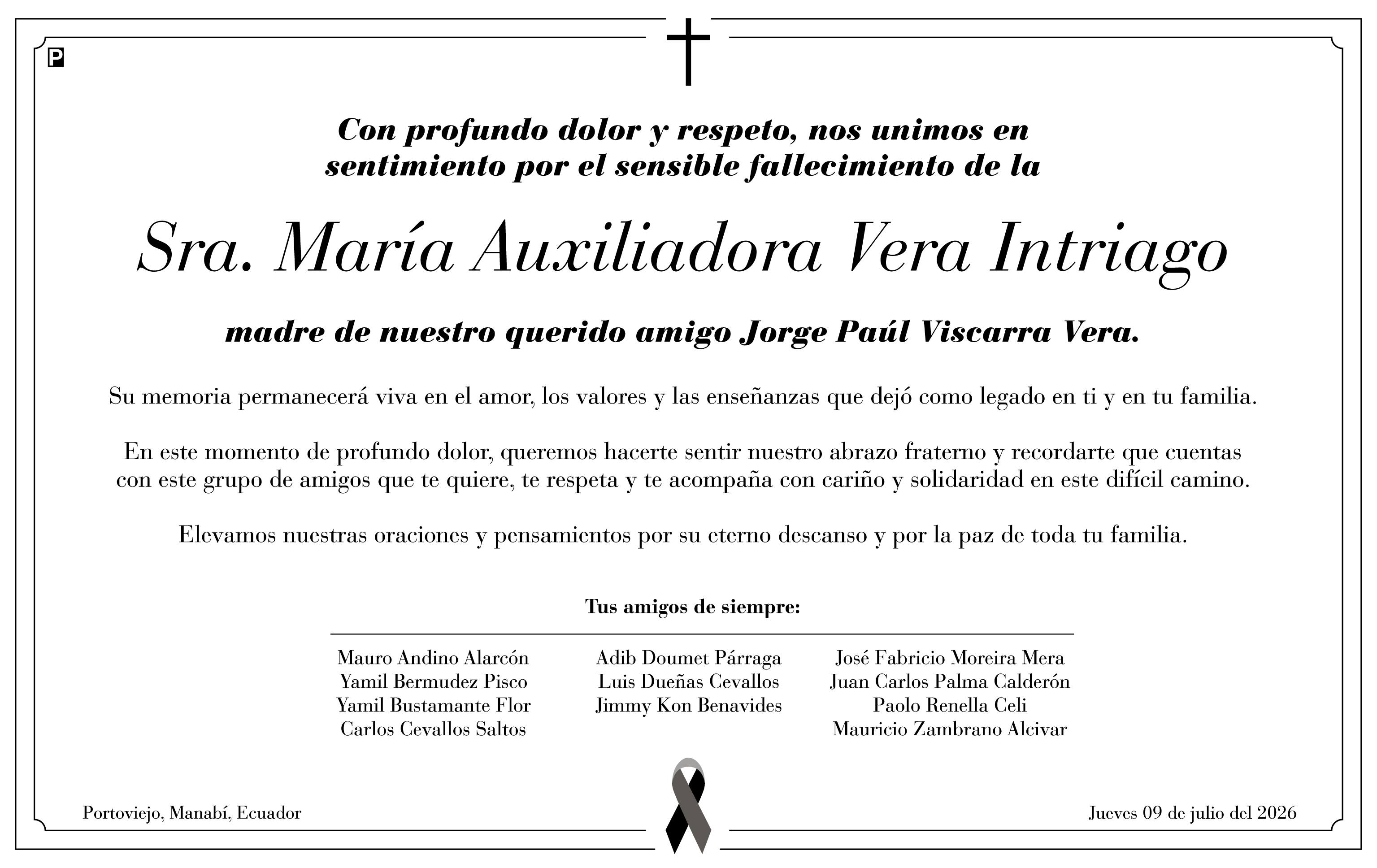 Condolencia Sra Maria Auxiliadora Vera Intriago, Medios Ediasa
