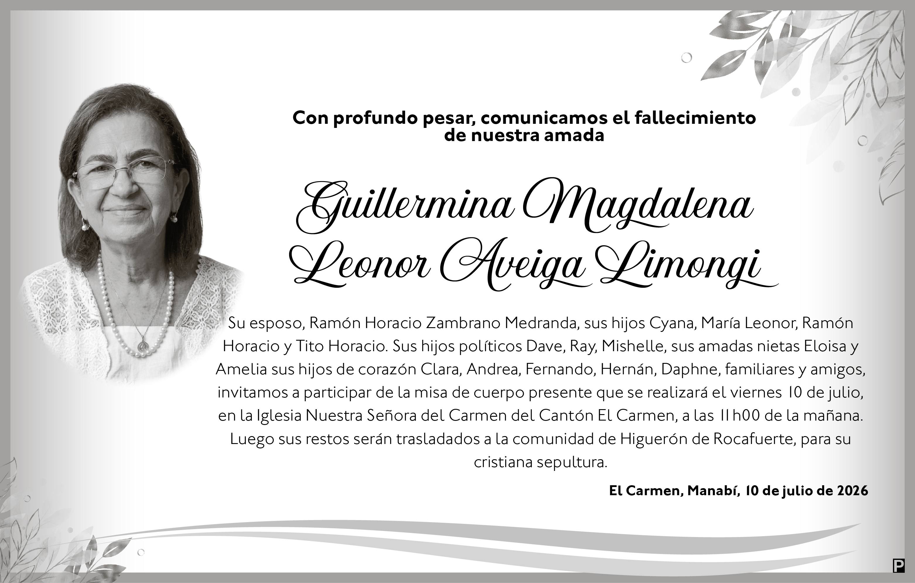 CONDOLENCIA- GUILLERMINA MAGADALENA LEONOR AVEIGA LIMONGI, Medios Ediasa