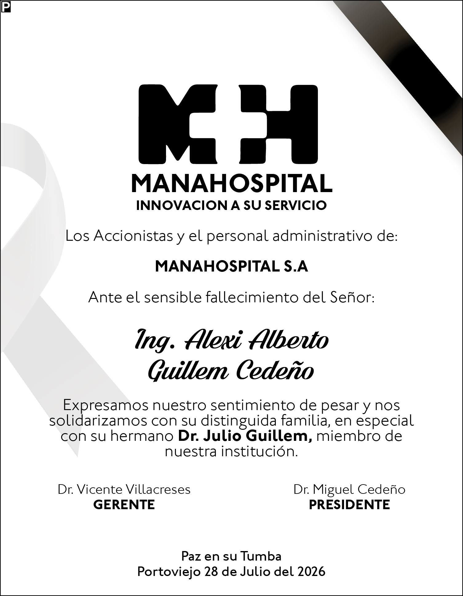 Condolencia Ing. Alexi Alberto Guillem Cedeño, Medios Ediasa