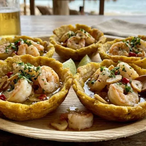 Sorprende a todos con estas canastas de plátano y camarones al ajillo