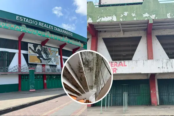 El contraste entre la fachada y la parte posterior del estadio Reales Tamarindos evidencia el deterioro que aún presenta gran parte de su infraestructura