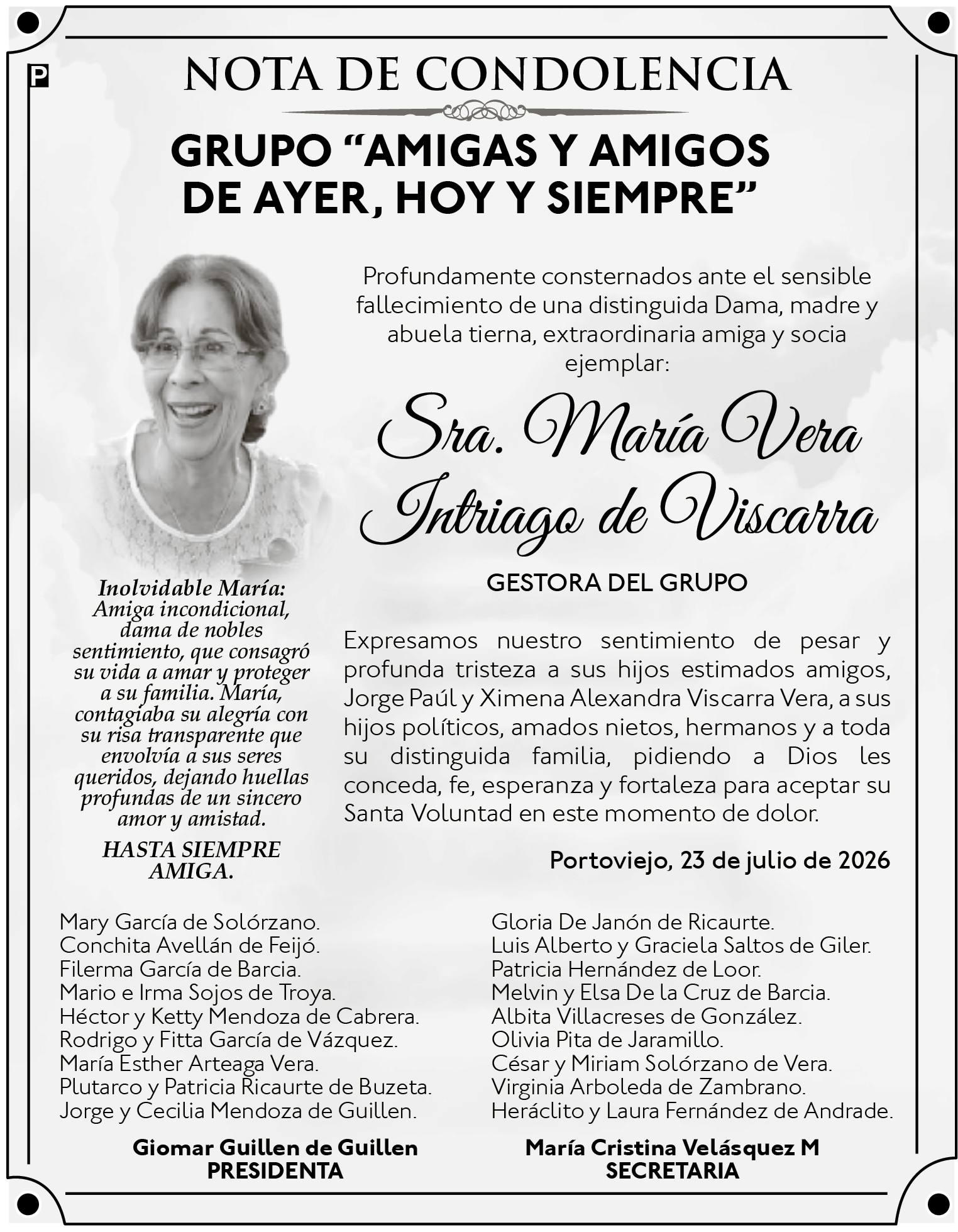 CONDOLENCIA MARIA INTRIAGO