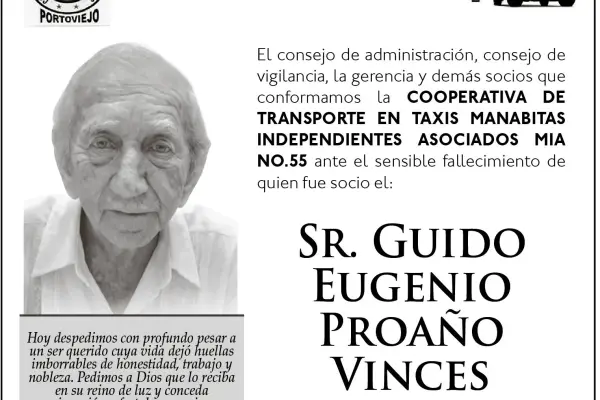 CONDOLENCIA SR. GUIDO EUGENIO PROAÑO- COOP. TAXIS MIA No. 55 ,Medios Ediasa