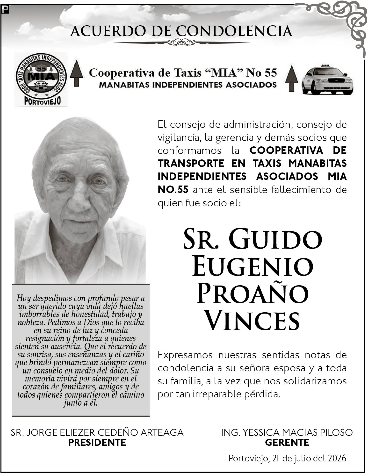 CONDOLENCIA SR. GUIDO EUGENIO PROAÑO- COOP. TAXIS MIA No. 55, Medios Ediasa