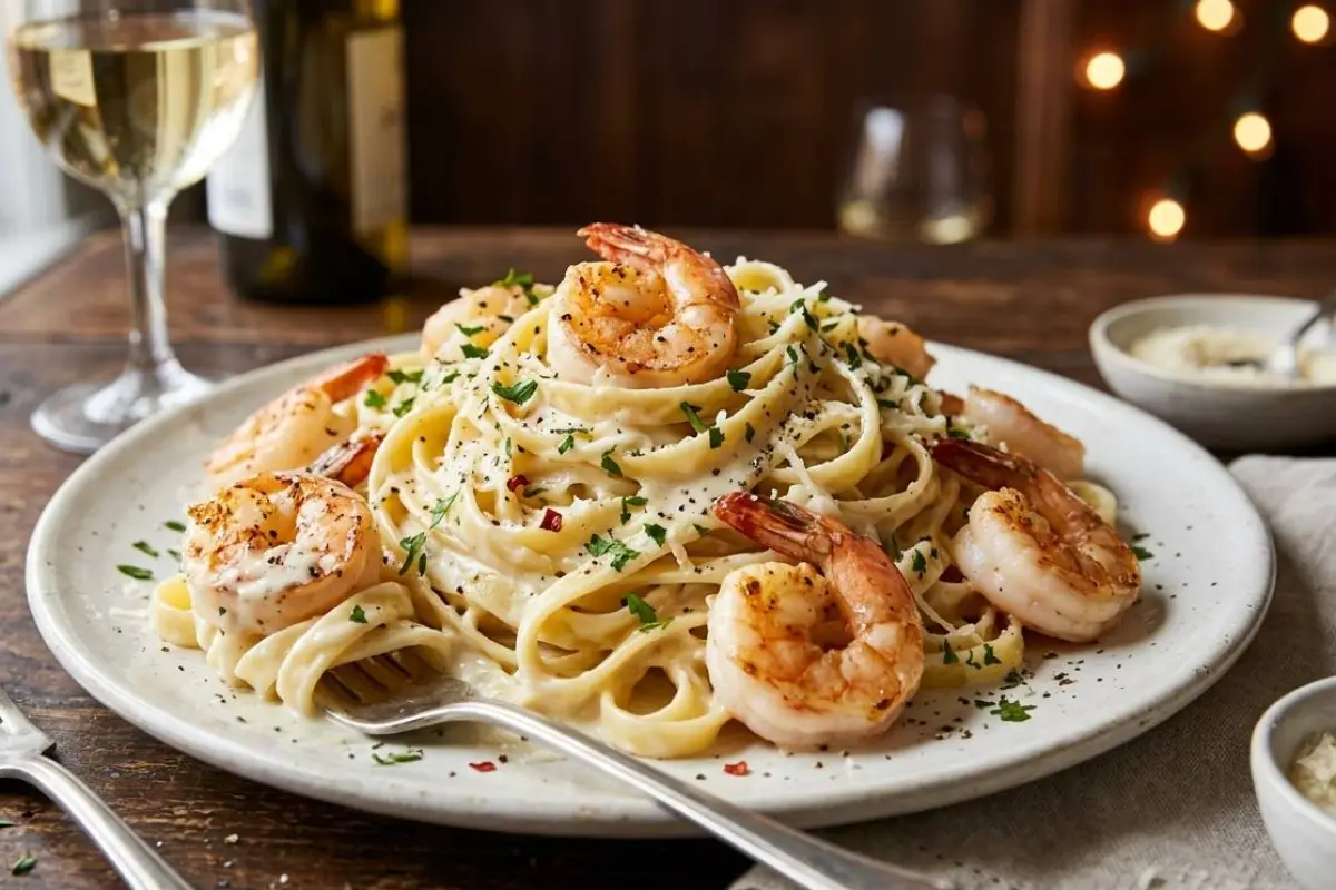 La pasta Alfredo con camarones es el resultado de la evolución del clásico platillo italiano  Fettuccine al Burro.